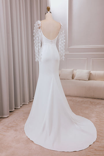 Vestido de novia de manga larga de manga larga de tren de trompeta de marfil con apliques 3D